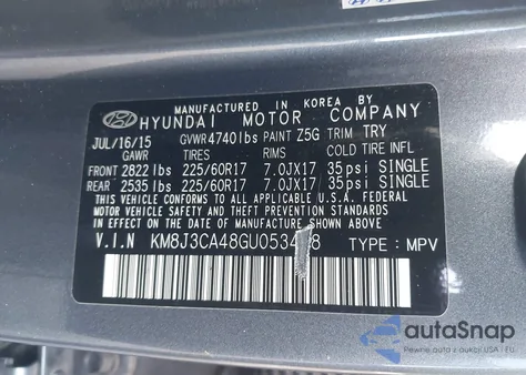 2016 Hyundai Tucson Se from USA, damaged, VIN KM8J3CA48GU053428